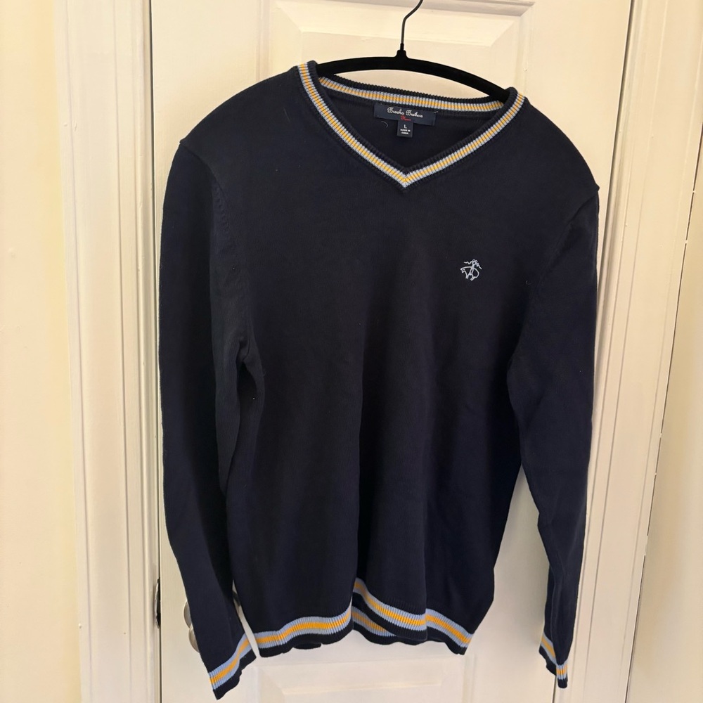 Brooks Brothers Navy Blue V-Neck Sweater Striped Accents size L Academia Nautica